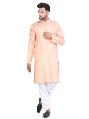 orange cotton kurta set with checked work design 2