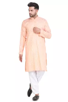 orange cotton kurta set with checked work design