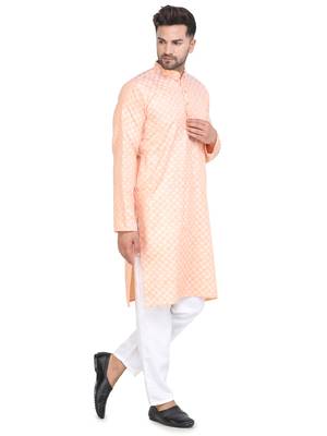 orange cotton kurta set with checked work design 3