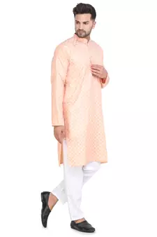 orange cotton kurta set with checked work design