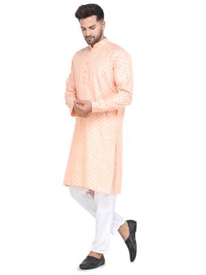 orange cotton kurta set with checked work design 4