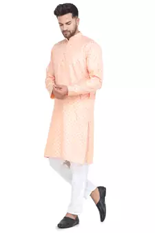 orange cotton kurta set with checked work design