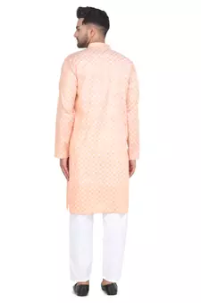 orange cotton kurta set with checked work design