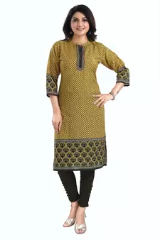 Yellow Designer Digital Print Cotton Slub Fabric Long Kurti Tunic