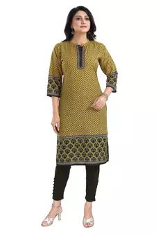 Yellow Designer Digital Print Cotton Slub Fabric Long Kurti Tunic