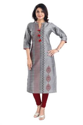 Grey Raw Silk Block Print Long Kurta For Women 1