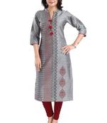 Grey Raw Silk Block Print Long Kurta For Women