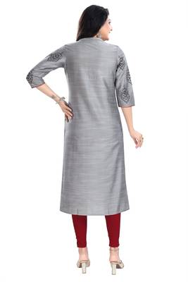 Grey Raw Silk Block Print Long Kurta For Women 2