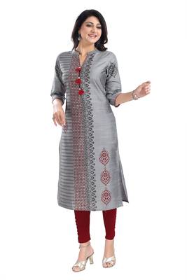Grey Raw Silk Block Print Long Kurta For Women 3