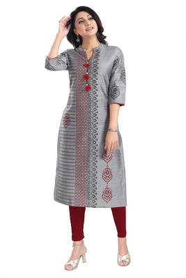 Grey Raw Silk Block Print Long Kurta For Women 4