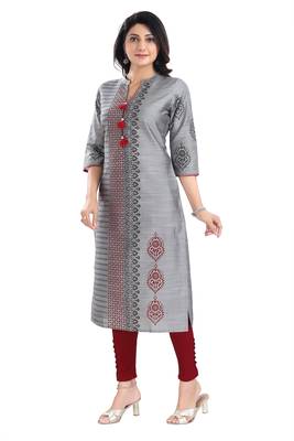 Grey Raw Silk Block Print Long Kurta For Women 5