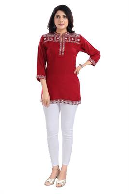 Rosy Red Women Embroidered Boho Chic Tunic Top 1