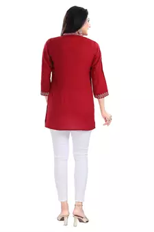 Rosy Red Women Embroidered Boho Chic Tunic Top