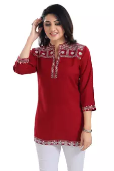 Rosy Red Women Embroidered Boho Chic Tunic Top