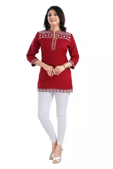 Rosy Red Women Embroidered Boho Chic Tunic Top