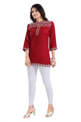 Rosy Red Women Embroidered Boho Chic Tunic Top 5