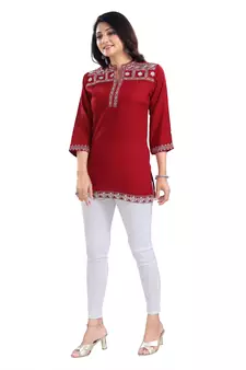Rosy Red Women Embroidered Boho Chic Tunic Top
