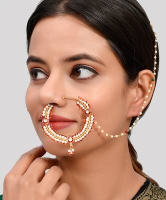 Pearl Bridal Chained Kundan Nose Ring 1