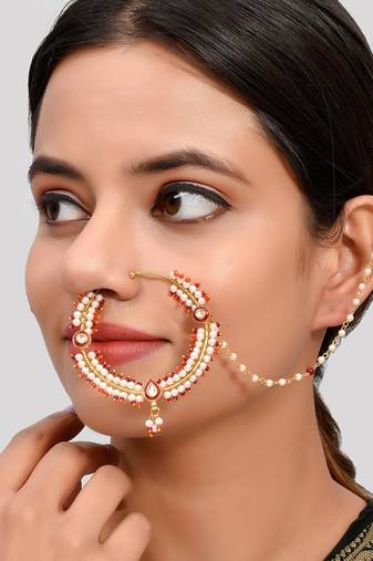 Pearl Bridal Chained Kundan Nose Ring