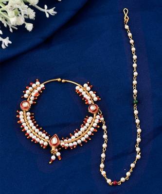 Pearl Bridal Chained Kundan Nose Ring 2