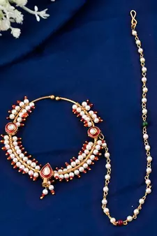 Pearl Bridal Chained Kundan Nose Ring