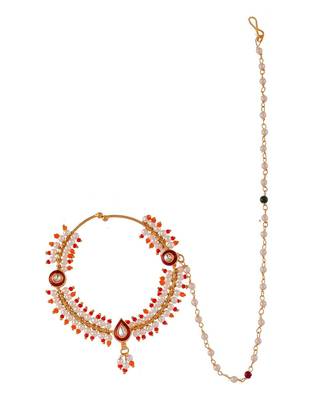 Pearl Bridal Chained Kundan Nose Ring 3