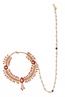 Pearl Bridal Chained Kundan Nose Ring