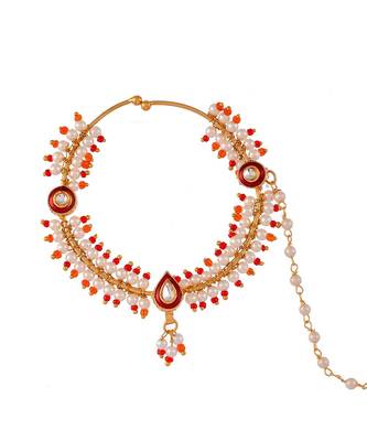 Pearl Bridal Chained Kundan Nose Ring 4
