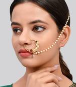 Gold-plated Red & White Stone-Studded & Beaded Nose Pin