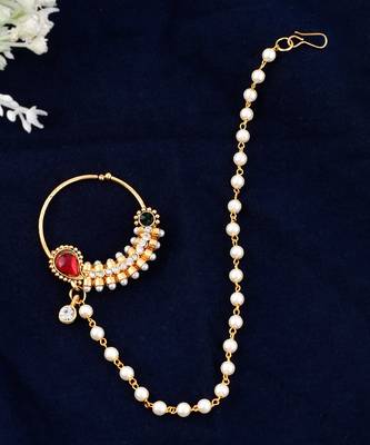 Gold-plated Red & White Stone-Studded & Beaded Nose Pin 2
