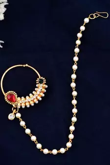 Gold-plated Red & White Stone-Studded & Beaded Nose Pin