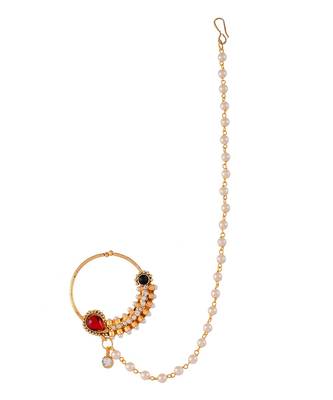 Gold-plated Red & White Stone-Studded & Beaded Nose Pin 3