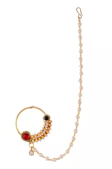 Gold-plated Red & White Stone-Studded & Beaded Nose Pin