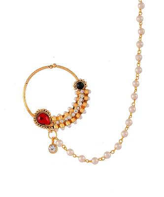 Gold-plated Red & White Stone-Studded & Beaded Nose Pin 4