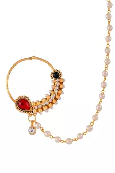 Gold-plated Red & White Stone-Studded & Beaded Nose Pin