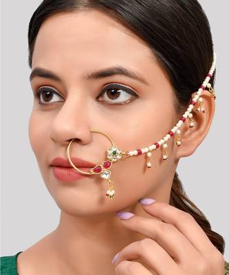 Gold Plated Pearl Beaded Chained Kundan Nose Ring 1