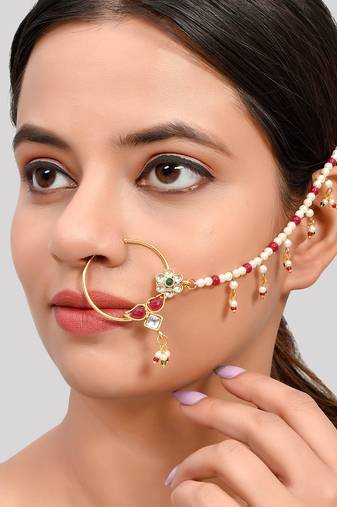 Gold Plated Pearl Beaded Chained Kundan Nose Ring