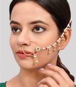Gold Plated Pearl Beaded Chained Kundan Nose Ring