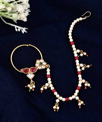 Gold Plated Pearl Beaded Chained Kundan Nose Ring 2