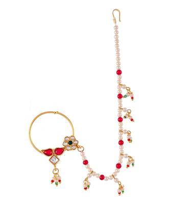 Gold Plated Pearl Beaded Chained Kundan Nose Ring 3