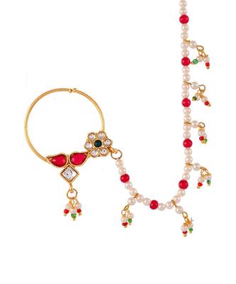 Gold Plated Pearl Beaded Chained Kundan Nose Ring 4