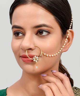 Gold Plated Red & White Kundan Studded & Beaded Nose Ring 1