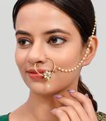 Gold Plated Red & White Kundan Studded & Beaded Nose Ring