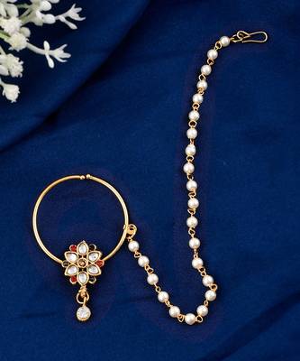 Gold Plated Red & White Kundan Studded & Beaded Nose Ring 2