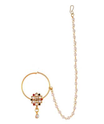 Gold Plated Red & White Kundan Studded & Beaded Nose Ring 3