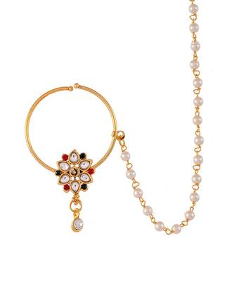 Gold Plated Red & White Kundan Studded & Beaded Nose Ring 4