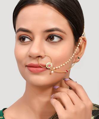 Gold Plated White & Red Stone Studded & Pearls Beaded Nose Ring 1