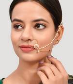 Gold Plated White & Red Stone Studded & Pearls Beaded Nose Ring