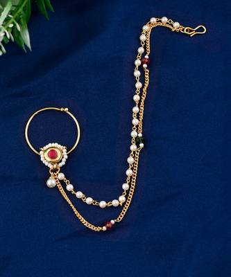 Gold Plated White & Red Stone Studded & Pearls Beaded Nose Ring 2