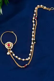 Gold Plated White & Red Stone Studded & Pearls Beaded Nose Ring